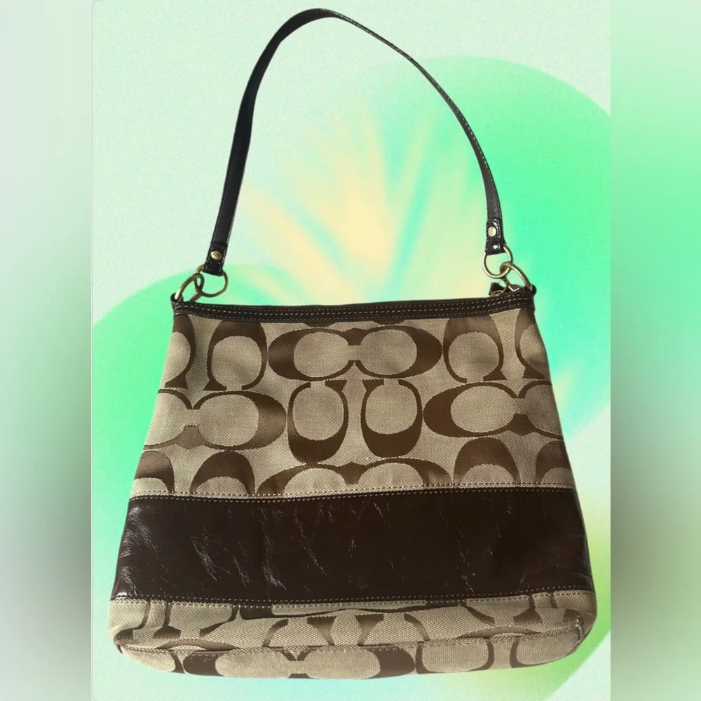 Coach Signature Tan & Brown Jacquard with Brown Leather Stripe Bag- #H0826-12825